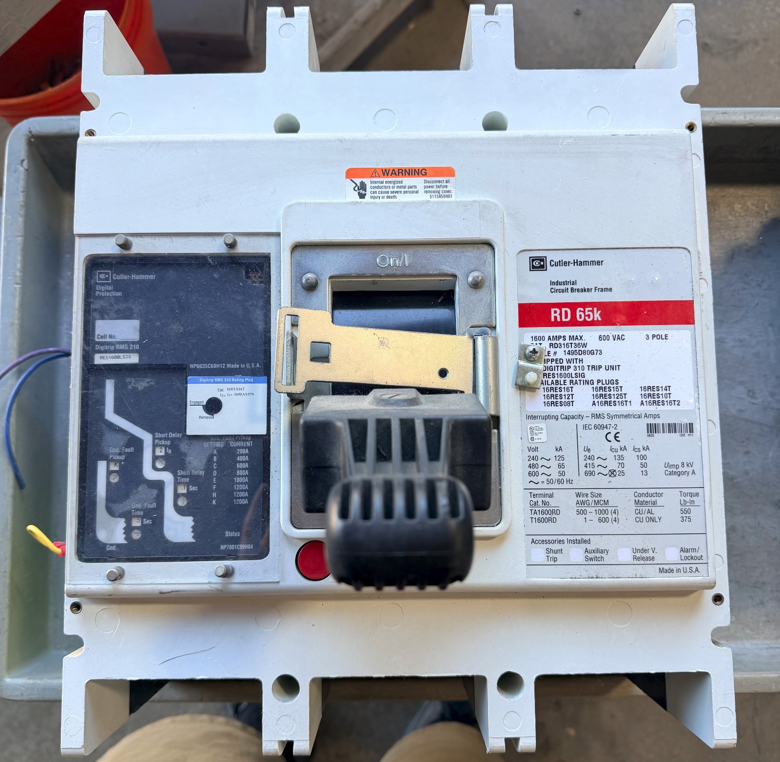Cutler Hammer RD316T36W 1600 amp 65kA@480v RES1600LSIG RMS310 Breaker