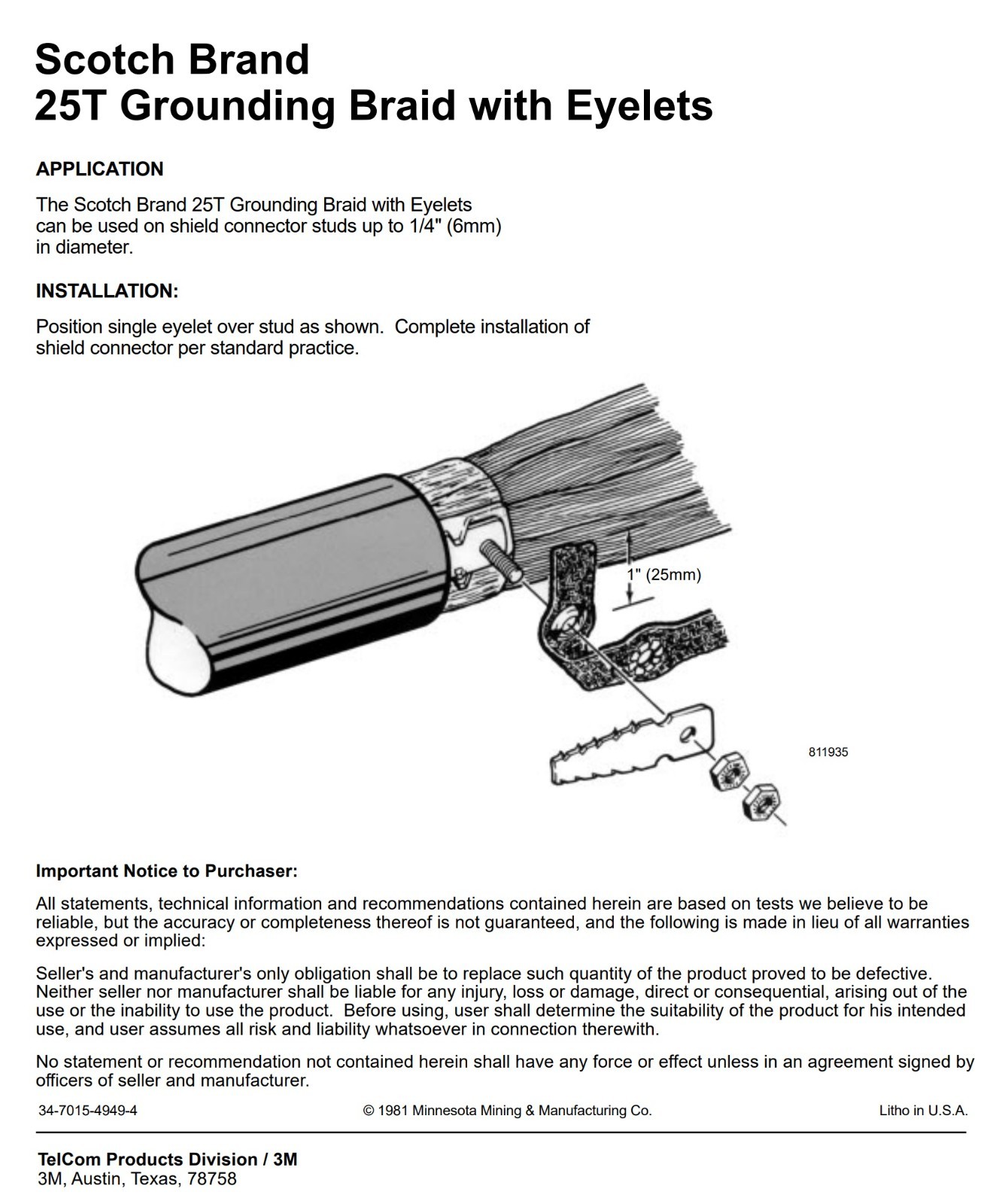 25FT 3M SCOTCH 25T Electrical Grounding Bond Braid w’ Eyelets 6″ 80-6100-9615-0