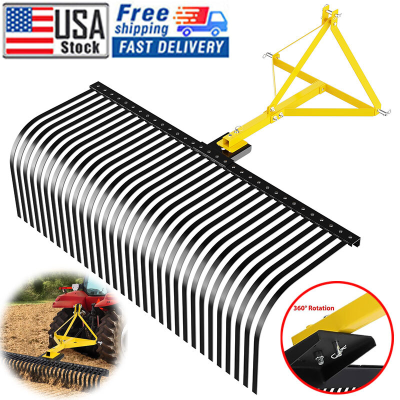 60″ Landscape Rock Rake 3 Point Cat 1 Tractor Attachment Soil Gravel Lawn Heavy