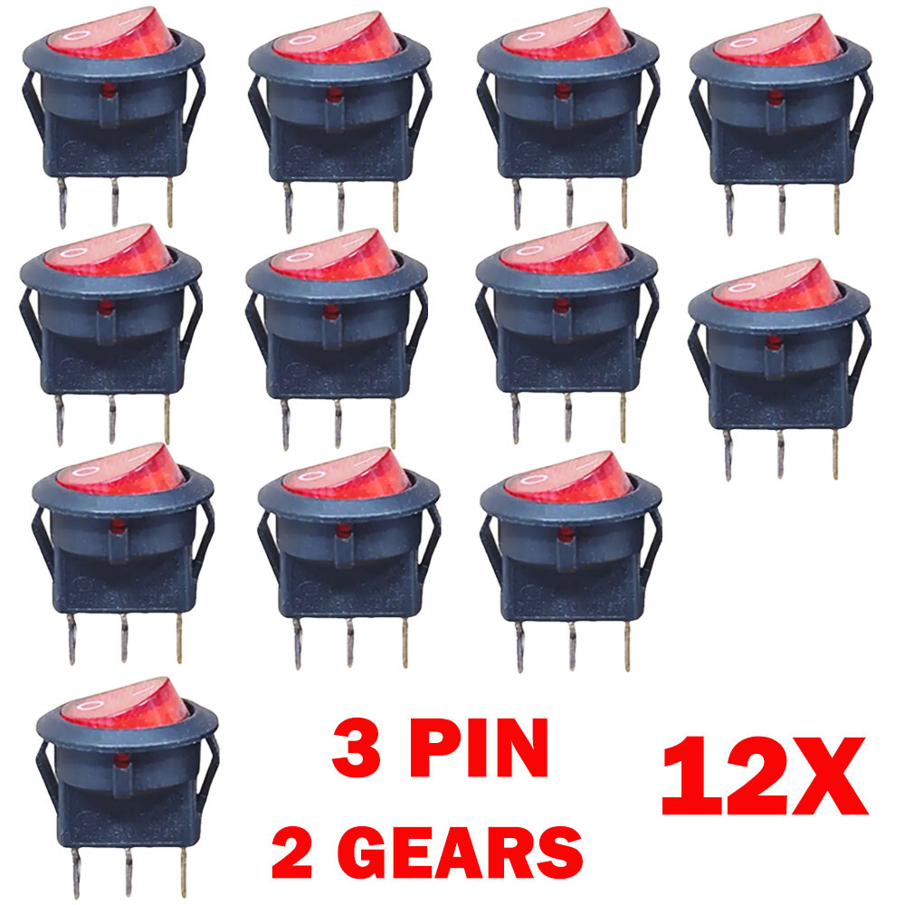 12PCS For SPST 3 Pin ON/OFF Round Rocker Switch With Red Neon Lamp 10A/125VAC