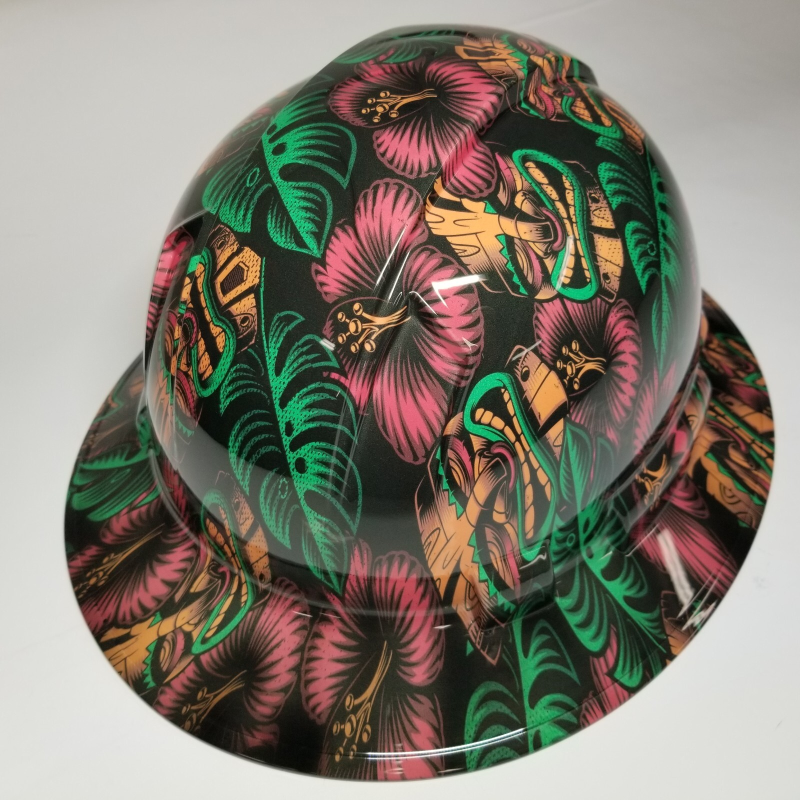 full brim hard hat custom hydro dipped IN TIKI MASKS ,POLYNESIAN HAWAIIAN ALOHA