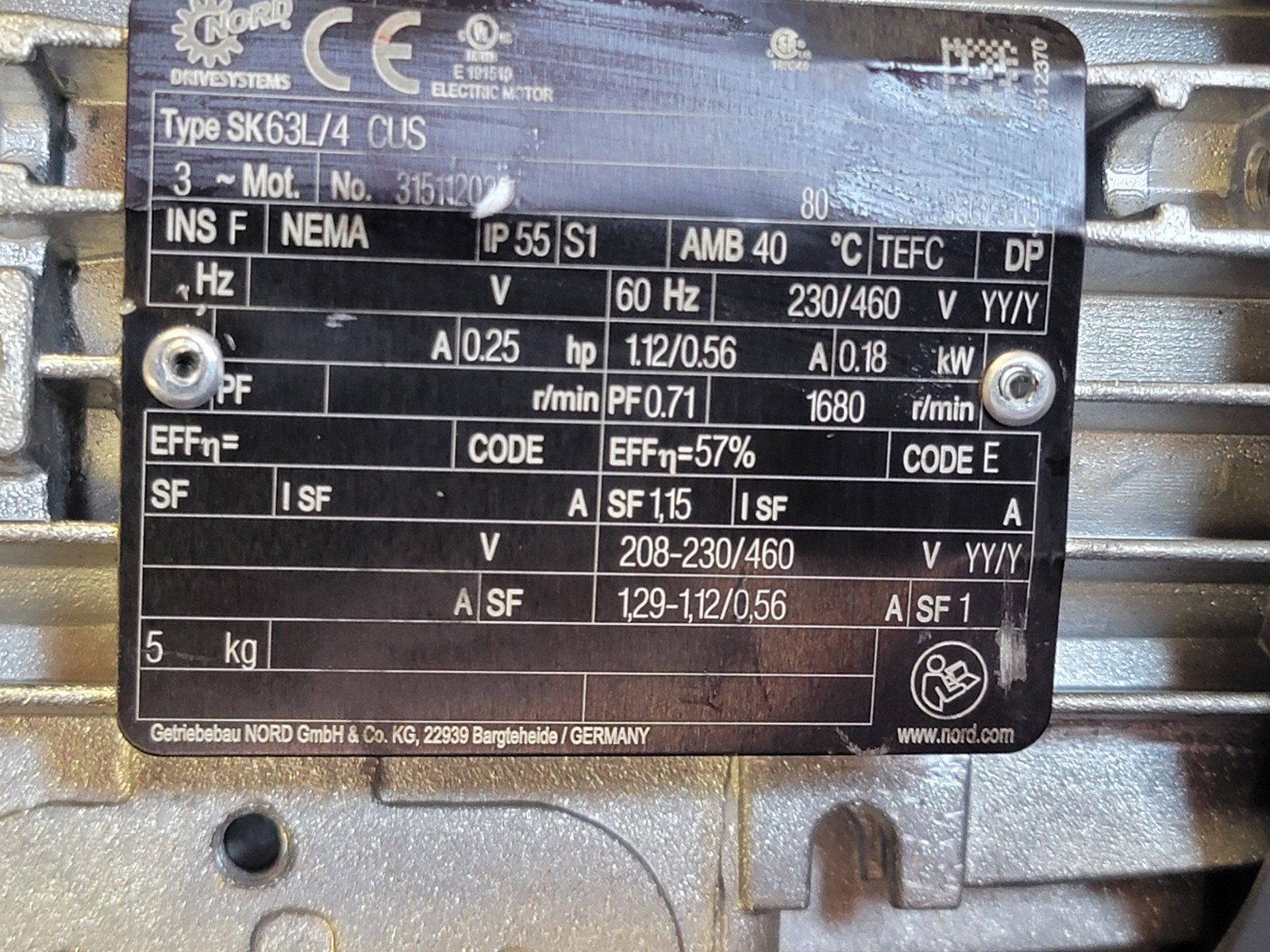 Nord SK63L/4 CUS SK071.1Z-63L/4 Gearmotor+ Reducer 0.25HP 1680 RPM 4.80:1 Ratio