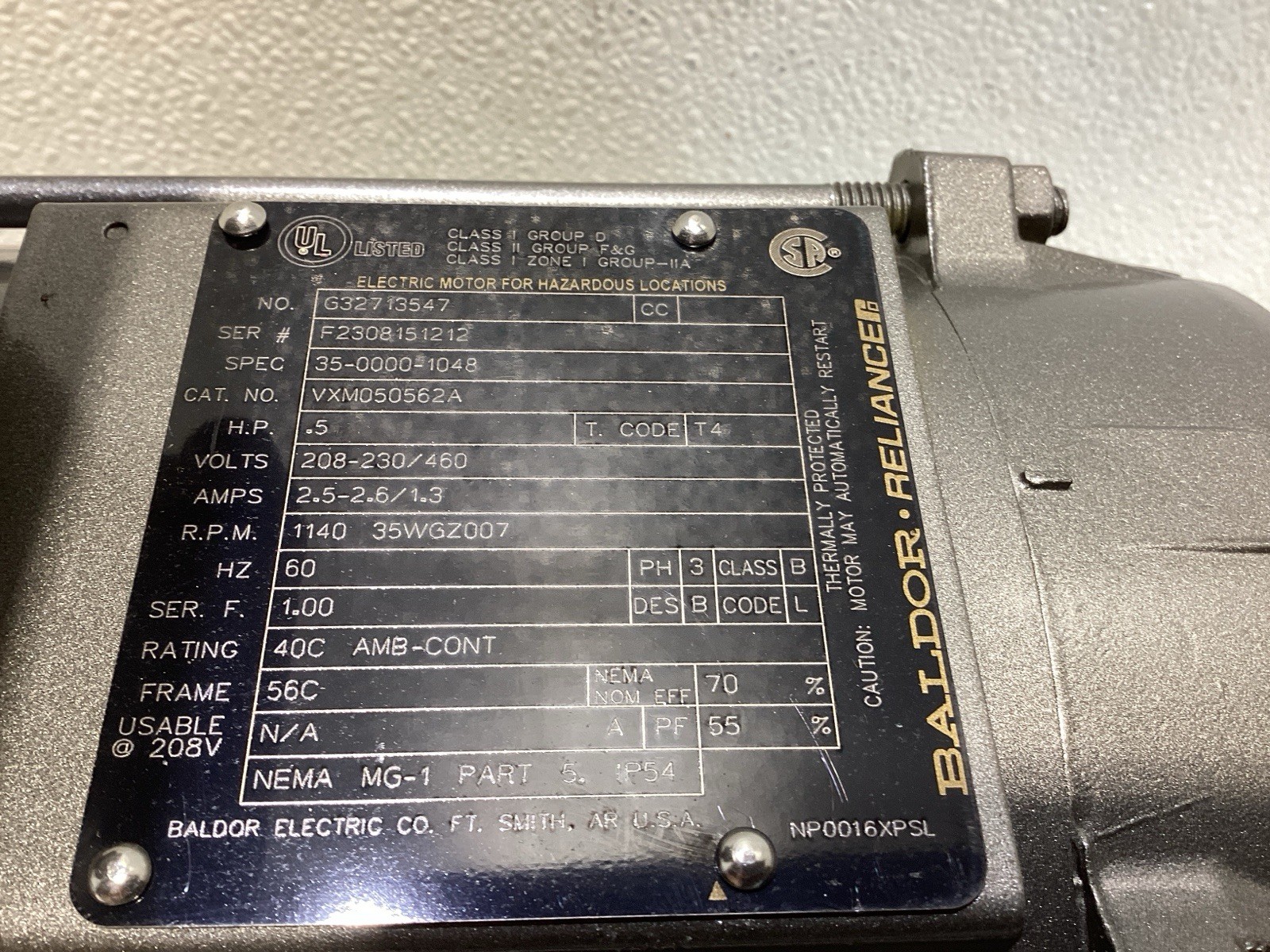 1/2HP BALDOR 1140 RPM 56C 3PH EXPLOSION PROOF MOTOR VXM050562A