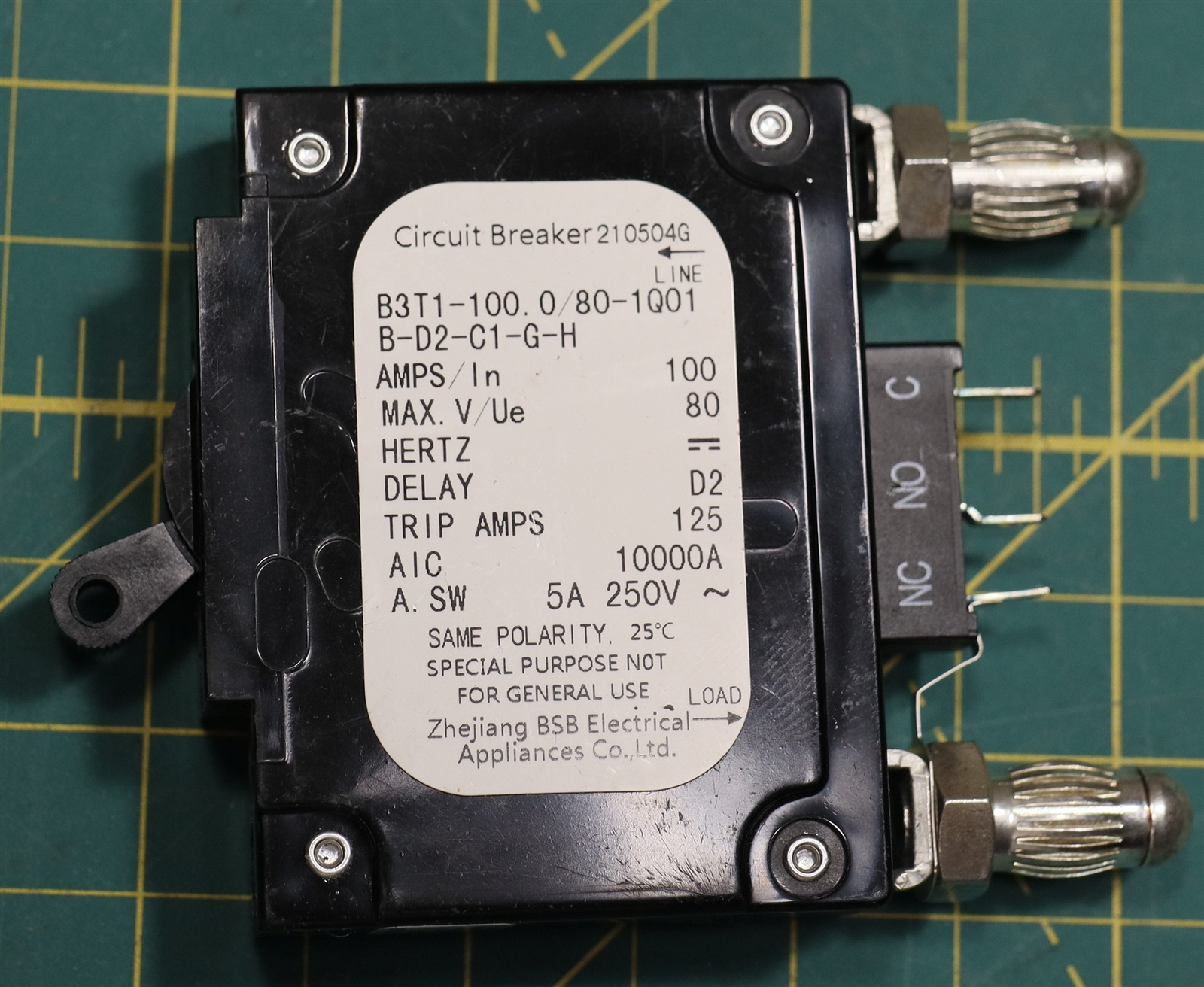 BSB B3T1-100.0/80-1Q01 B-D2-C1-G-H 100A 80V Single Pole Bullet Circuit Breaker
