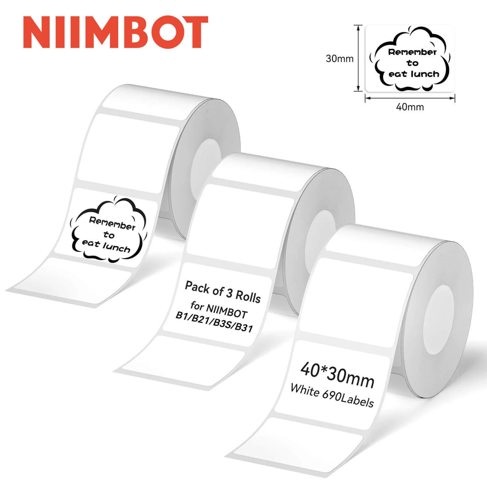 3PK Label Maker Tape 40x30mm, 1.57″ x 1.18″ Thermal Sticker for NIIMBOT B1 B21