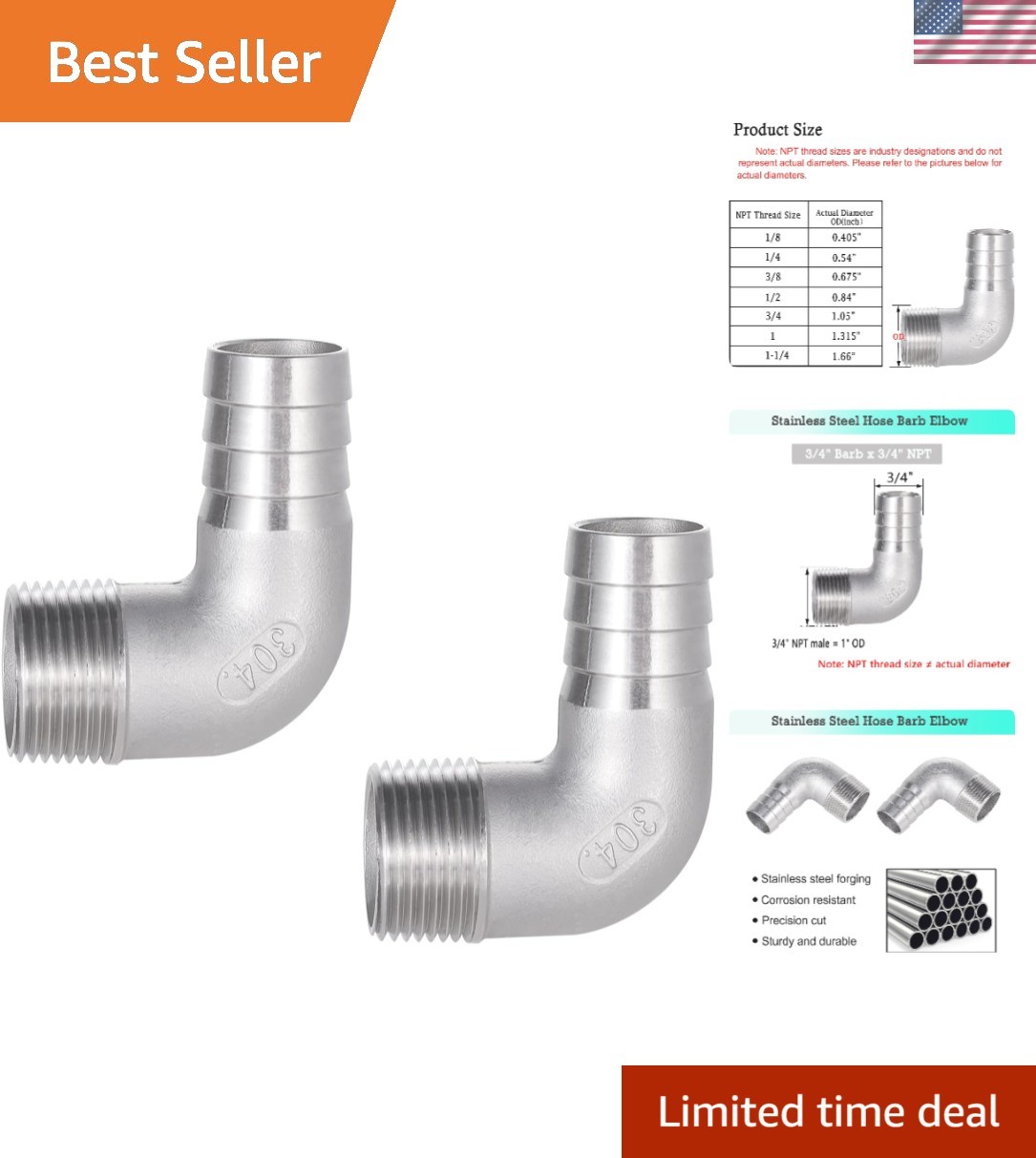 304 Stainless Steel Hose Barb 90 Degree Elbow 3/4″ Hose Barb to 3/4″ NPT Male