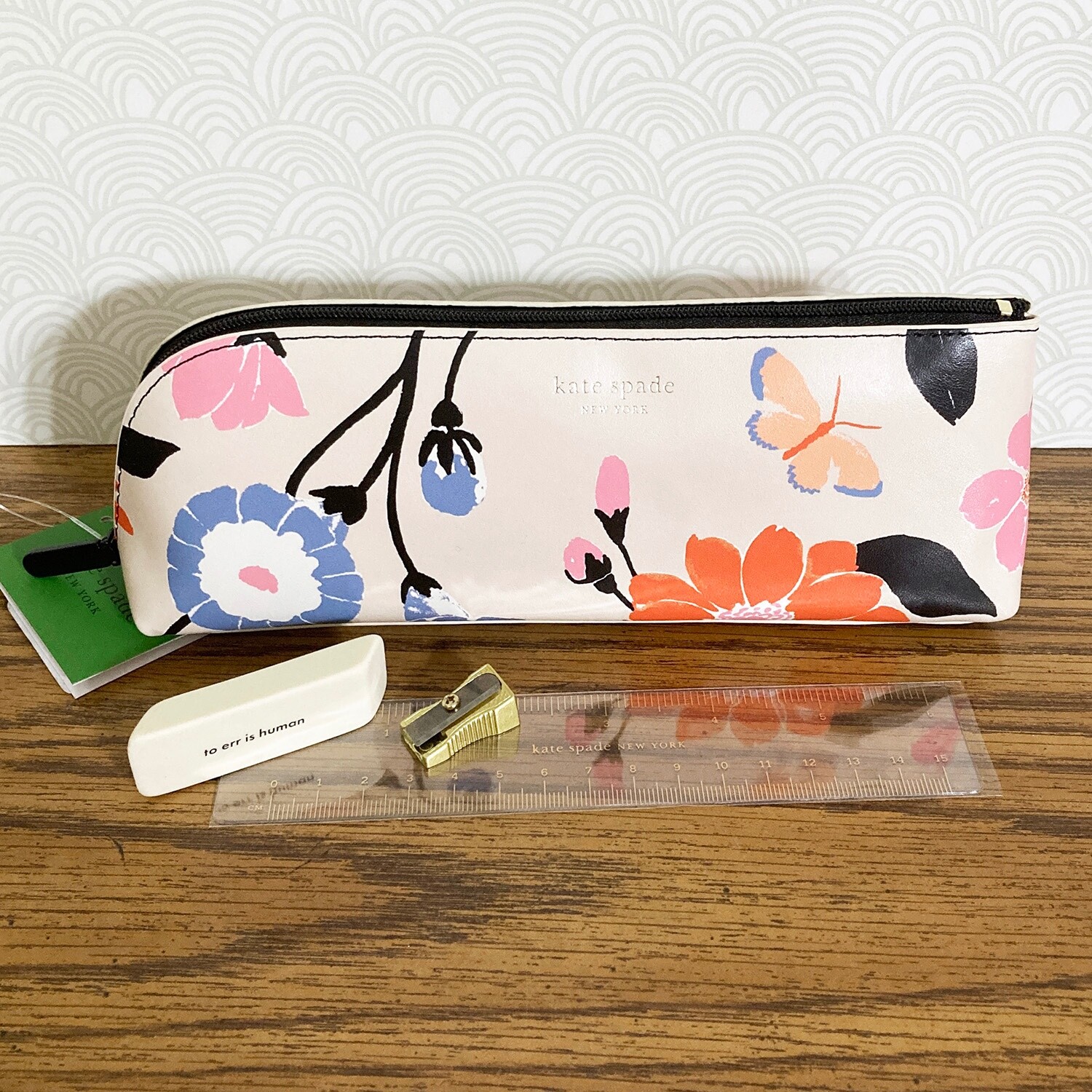Kate Spade Pencil Pouch Cosmetic Case Travel Bag Faux Leather w Accessories