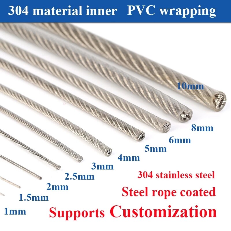 304 Stainless Steel 7*7 & 7*19 Clear PVC Plastic Coated Wire Rope Dia 0.6mm~12mm