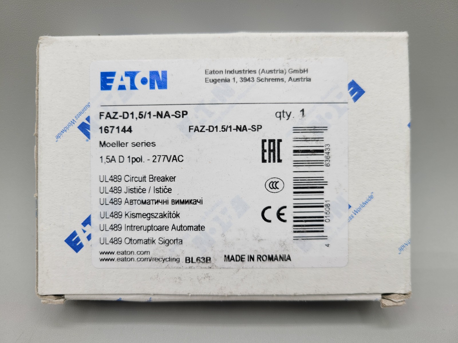 NEW Eaton FAZ-D1.5/1-NA-SP Circuit Breaker 1.5A 1-Pole 277VAC DIN Rail