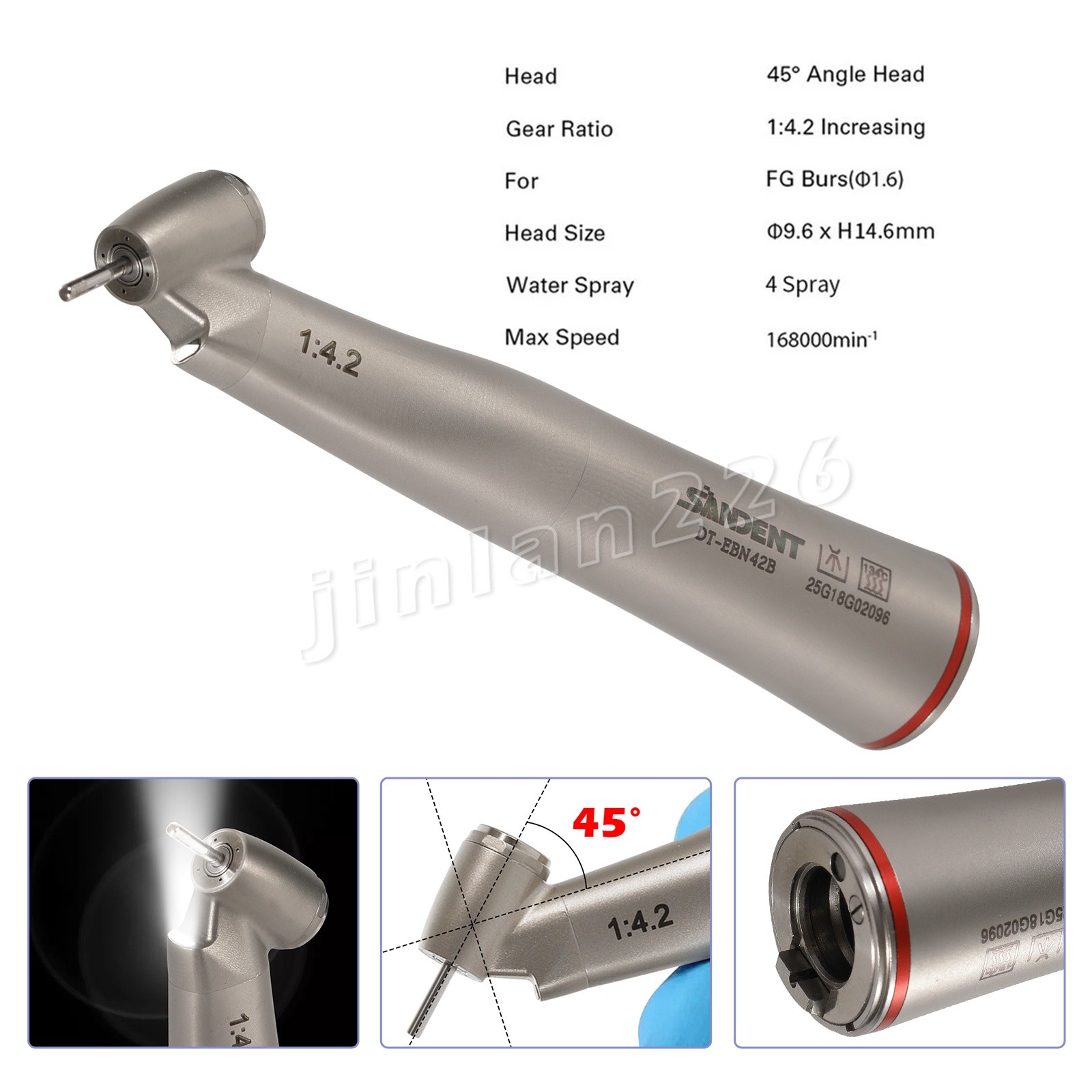 Dental Optic Fiber 1:4.2 Increasing Handpiece 45°Angle Fit FG 1.6mm burs For NSK
