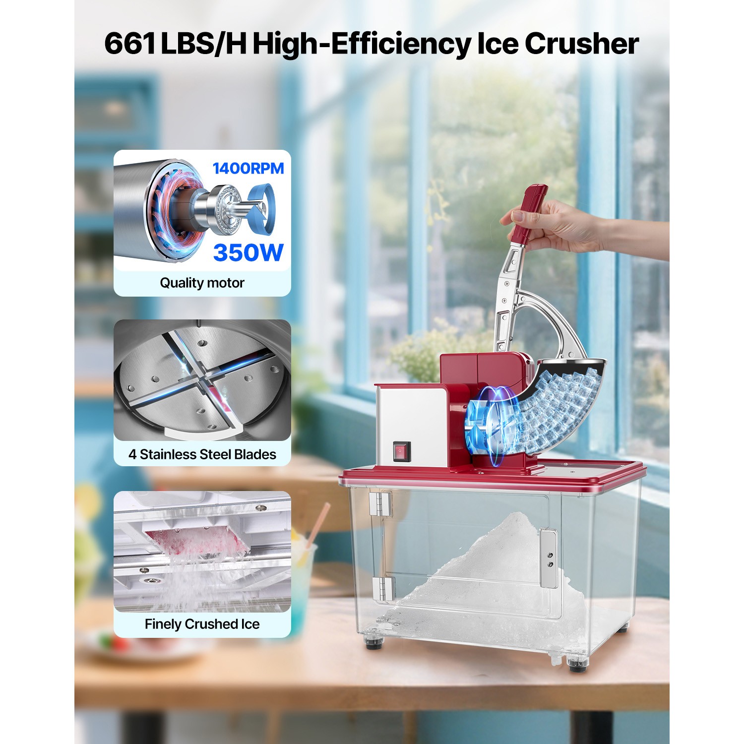 Commercial Ice Crusher 661LBS/H Electric Snow Cone Maker Shaved Ice Red