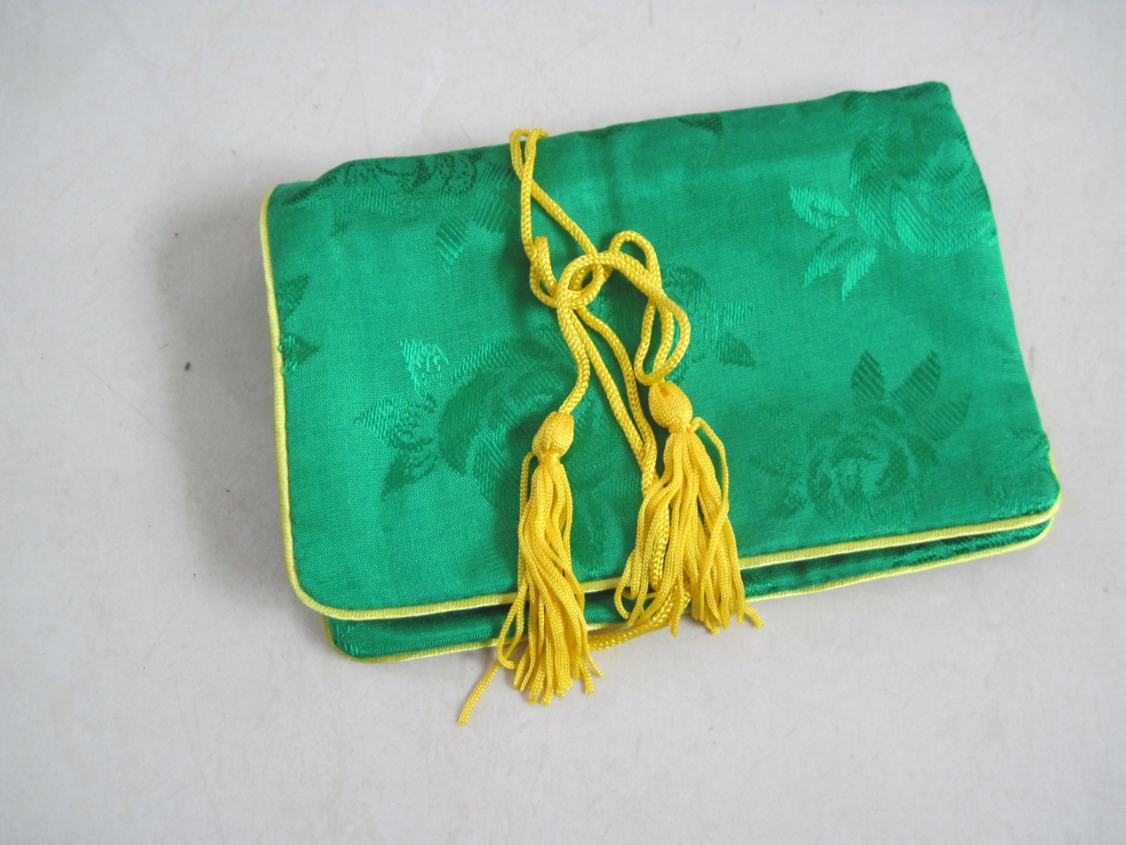 GREEN Silk Brocade Jewelry Roll Travel Case Pouch Organizer WITH ZIPPER
