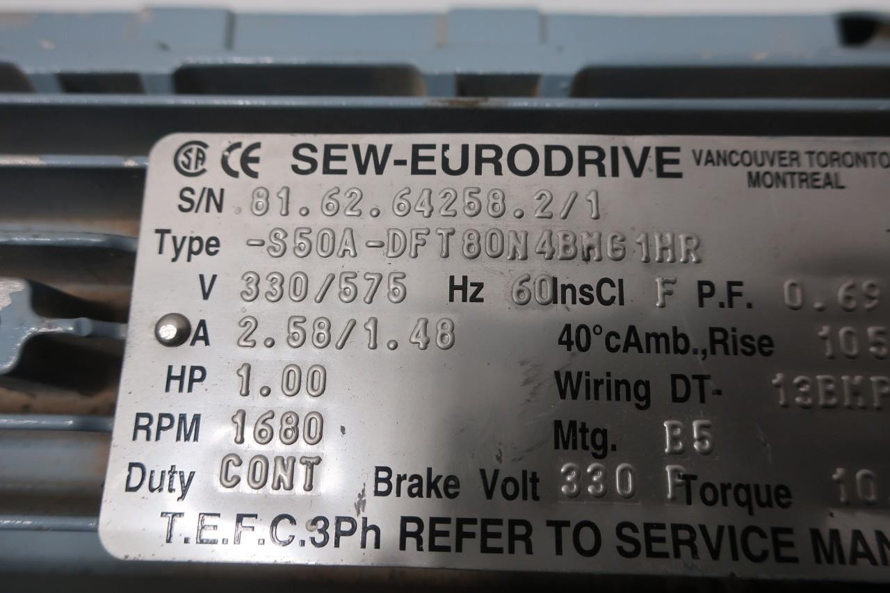 Sew Eurodrive S50A-DFT80N4BM1HR Gearmotor 1680rpm 1hp 330/575v-ac