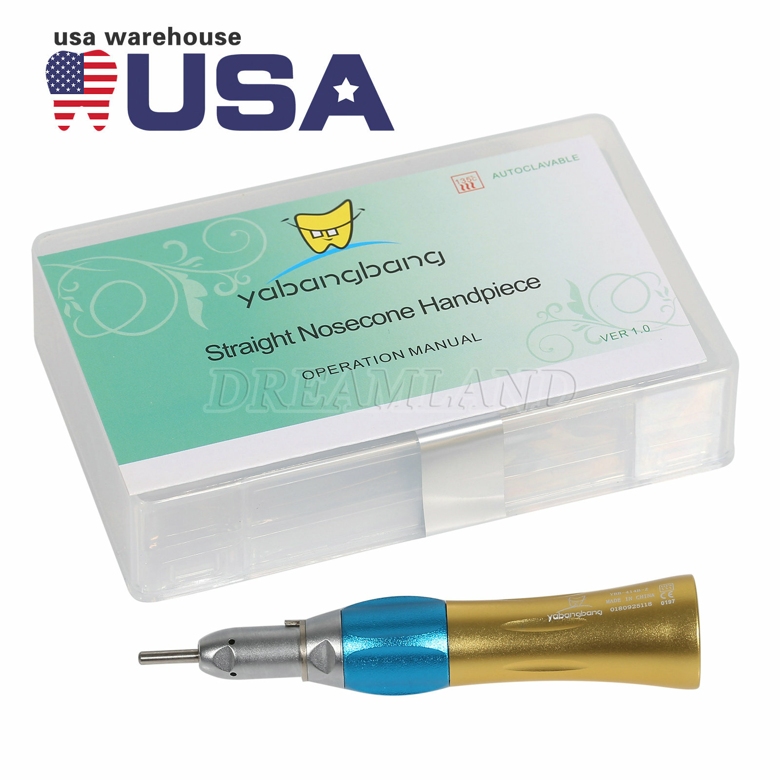 USA NEW Dental Low Speed Handpiece Straight Nosecone 1:1 Gold-US