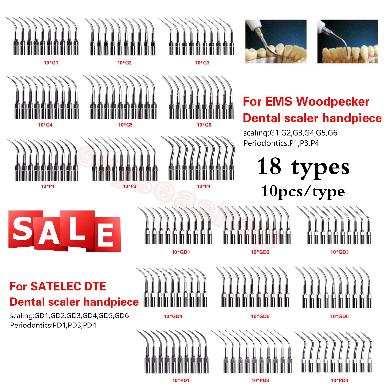 10× Dental Ultrasonic Piezo Scaler Tips fit Woodpecker EMS DTE SATELEC Handpiece