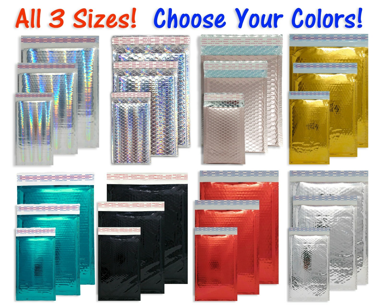 3 Sizes, 4×8, 6X10, 8X12 Assorted Combo Pack Padded Metallic Bubble Mailers Poly