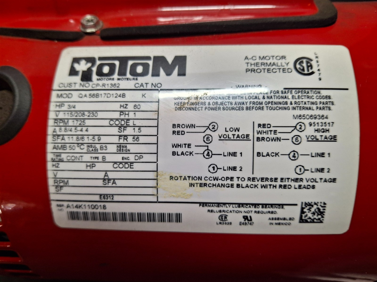 Rotom Motor #CP-R1362 3/4HP 1725RPM 115/230V 8.8/4.4A 1 Phase 60Hz