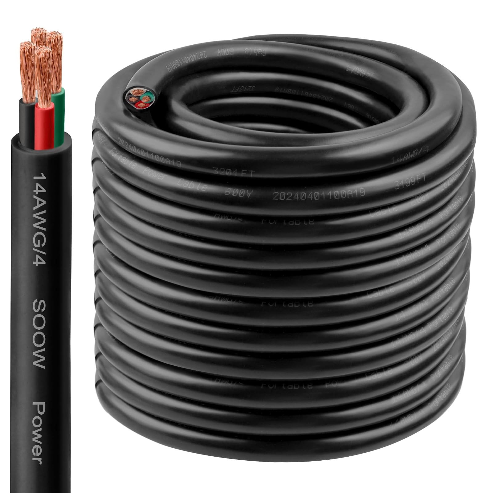 14/4 SOOW Wire 100FT, 14 AWG 600V SOOW Bulk Cable, 14 Gauge 4 Conductor Porta…