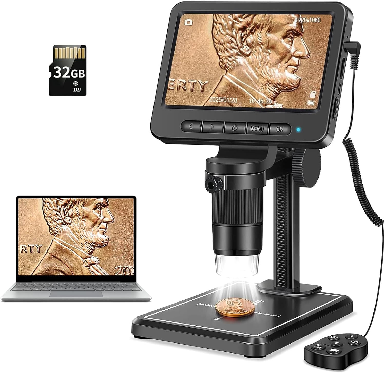 1080P LCD Digital Microscope with 32GB SD Card, Coin Microscope with 5-Inch IPS