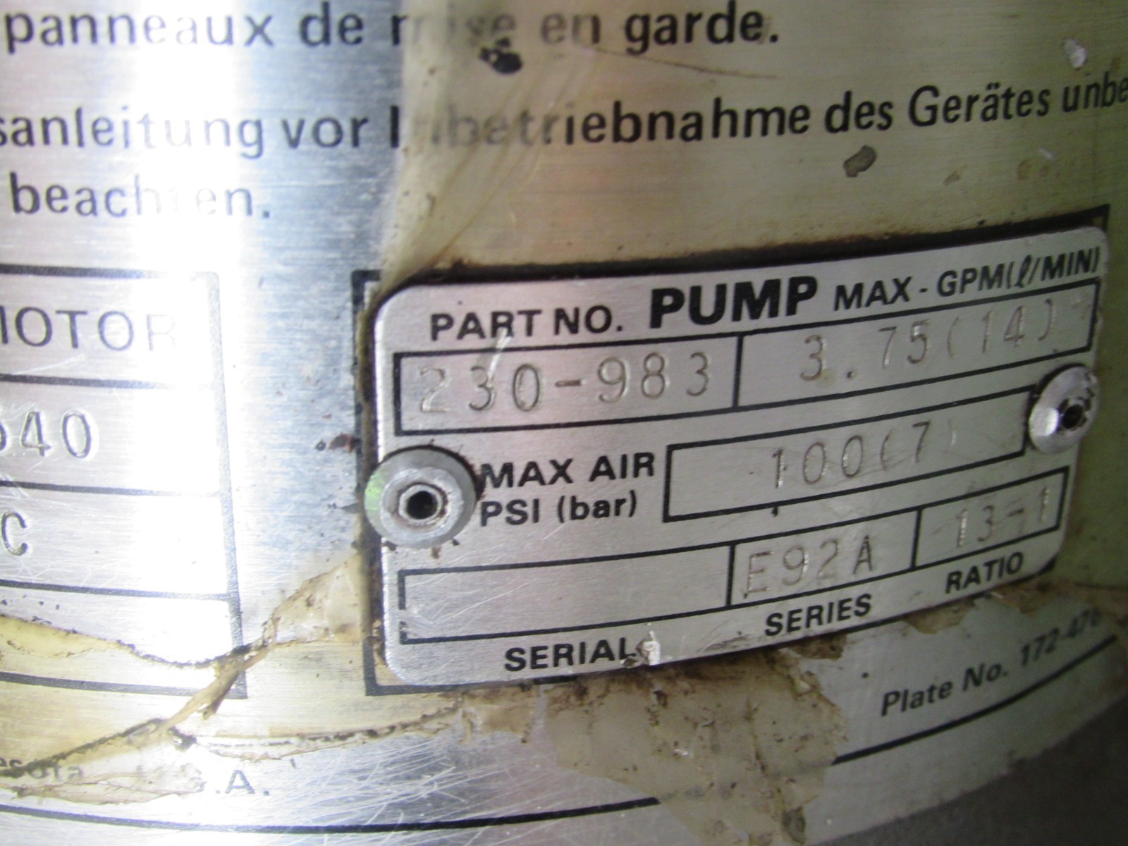 GRACO 230-983 SENATOR PUMP E92A SERIES 13-1 RATIO ***FAIR***
