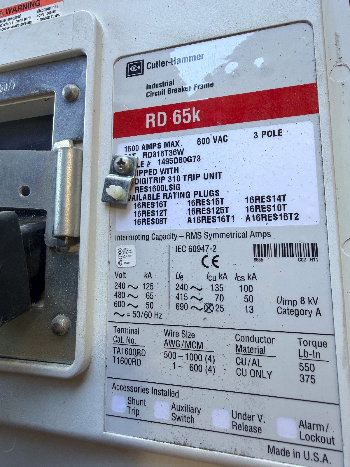 Cutler Hammer RD316T36W 1600 amp 65kA@480v RES1600LSIG RMS310 Breaker