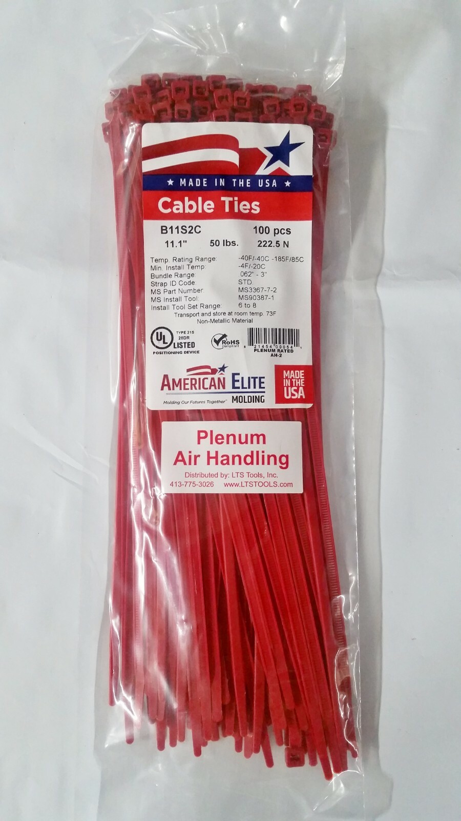 11″ Red Nylon Cable Zip Ties 50LB. Plenum Rated Air Handling, USA MADE, 100pk