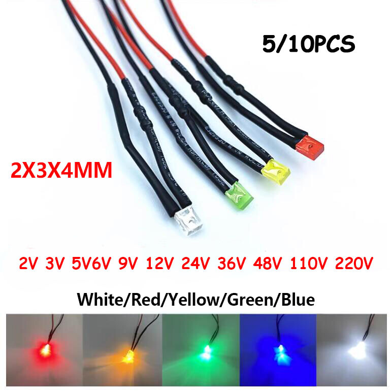 5/10 Pcs 2X3X4MM Pre-Wired Rectangle LEDs Bulb 2V 3V 6V 9V 12V 24V~220V 5 Colors