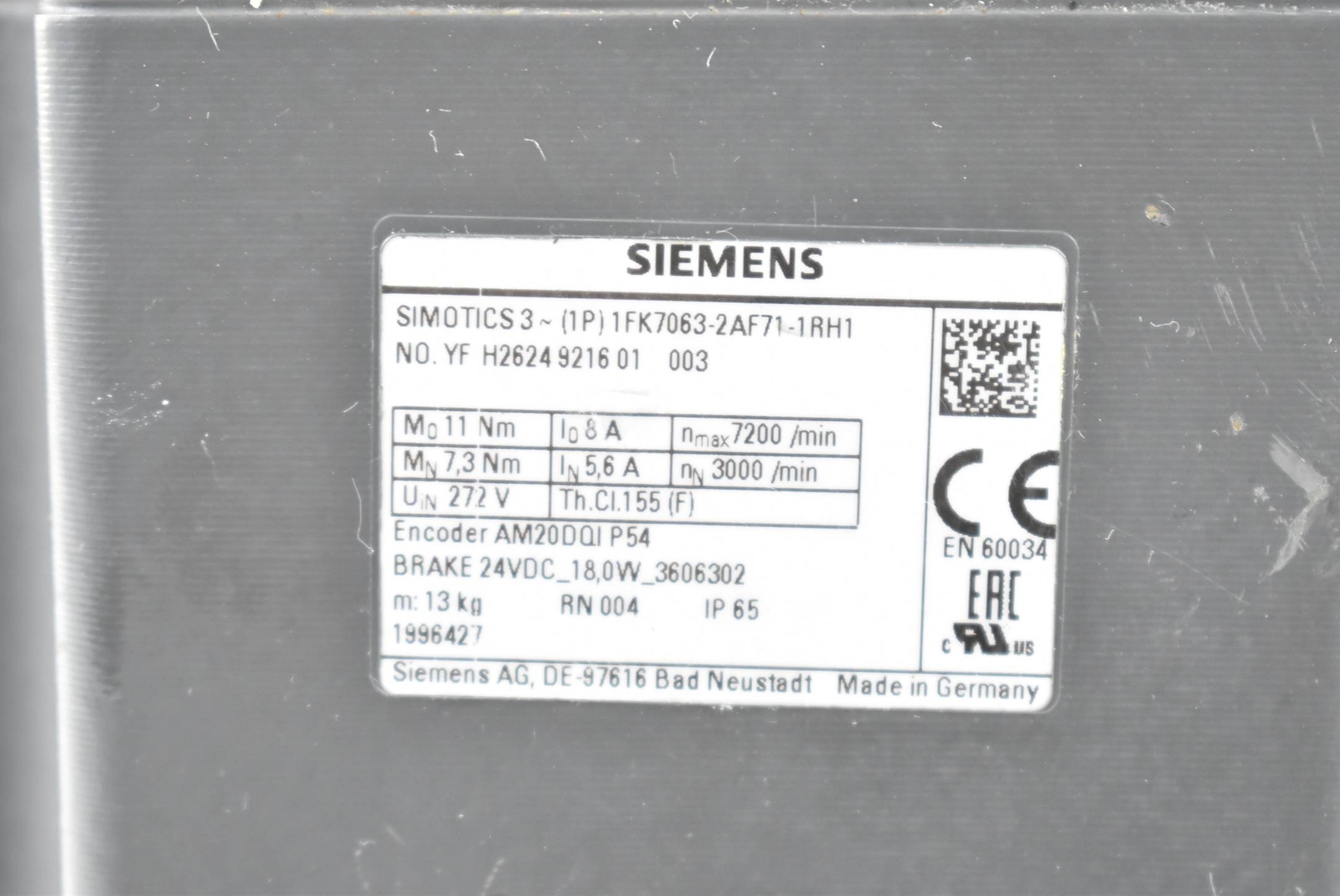 Siemens Motor 2.3kW 600V 11Nm 3000rpm 1FK7063-2AF71-1RH1 ( 1FK7063-2AF71-1RH1 )