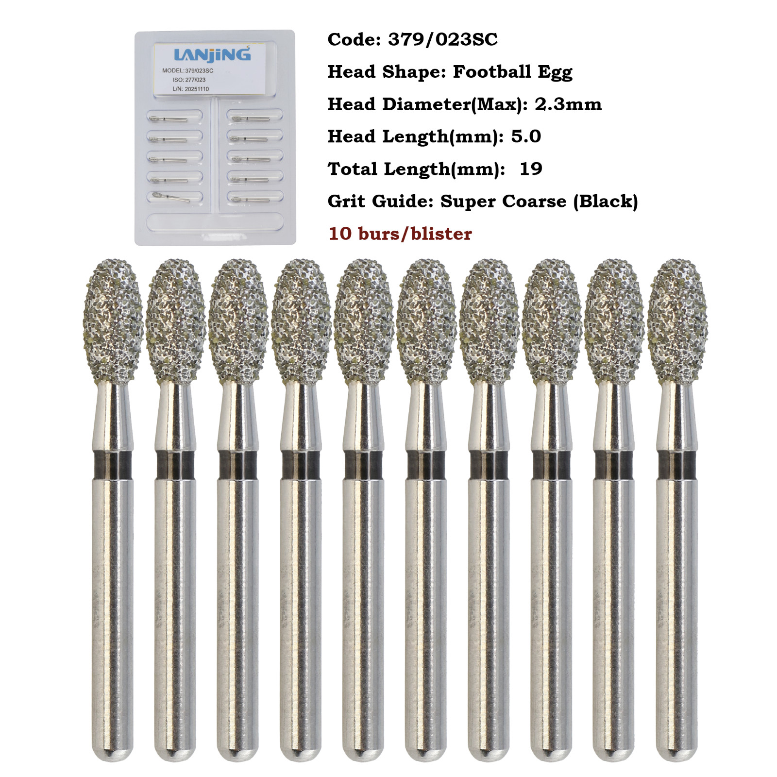 Dental Diamond Burs Football FG 368/023C 379-023F Egg Shape Coarse High Speed