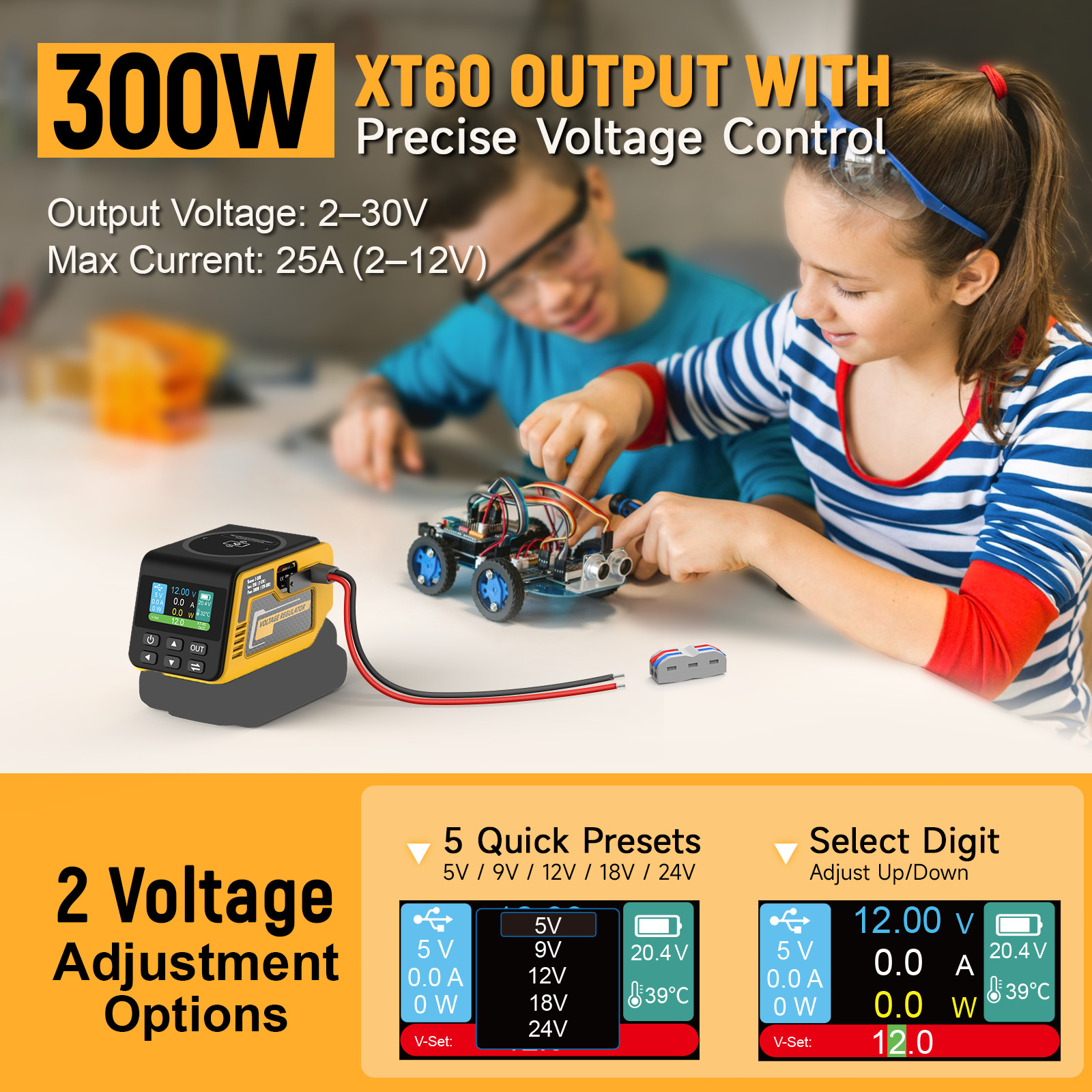 300W Voltage Regulator Compatible with Dewalt 20V Battery, DC 2-30V,Type-c,USB
