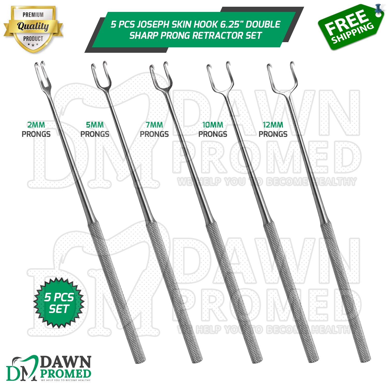 5 Pcs Joseph Skin Hook Double Sharp Prong Set 6.25″ Retractor Surgical German Gr