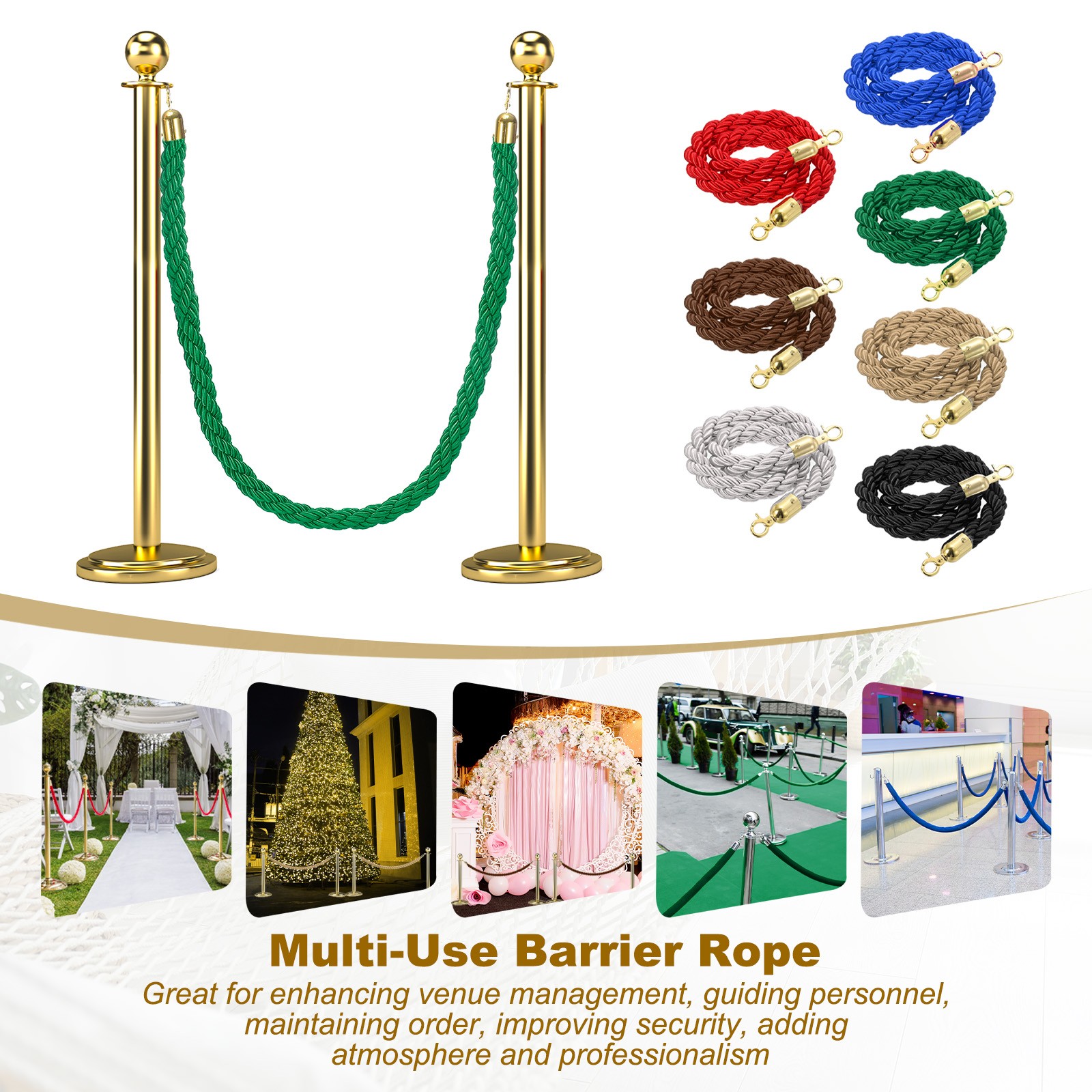 6.6 Ft/2 m Twisted Stanchion Rope Barrier Rope with Hooks Green Golden