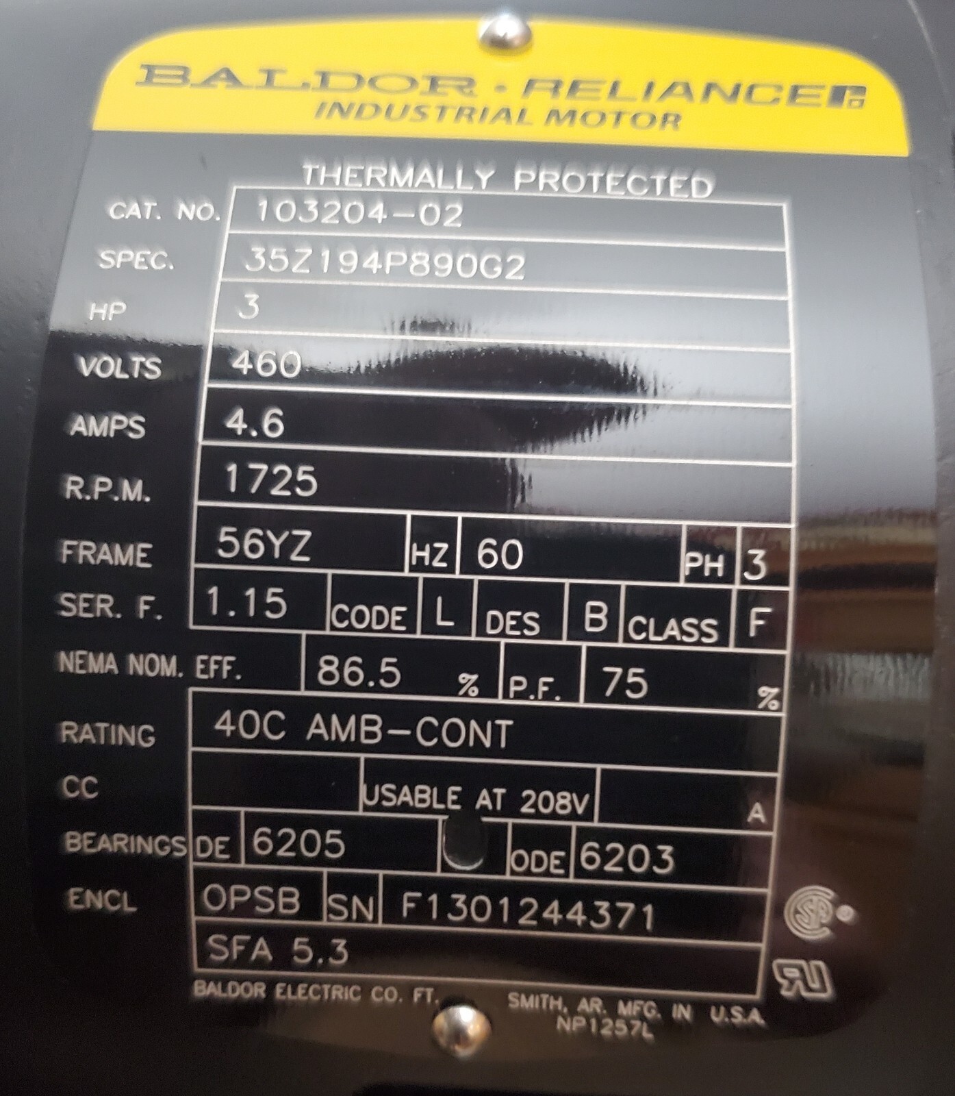 New Open Box Baldor Standard-E Reliancer Motor 103204-02, 3HP 460v, 56YZ Frame