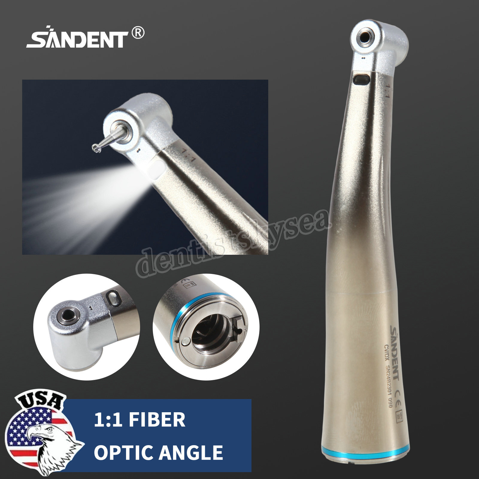 Dental 1:1 LED Fiber Optic Contra Angle Internal Spray Handpiece DS