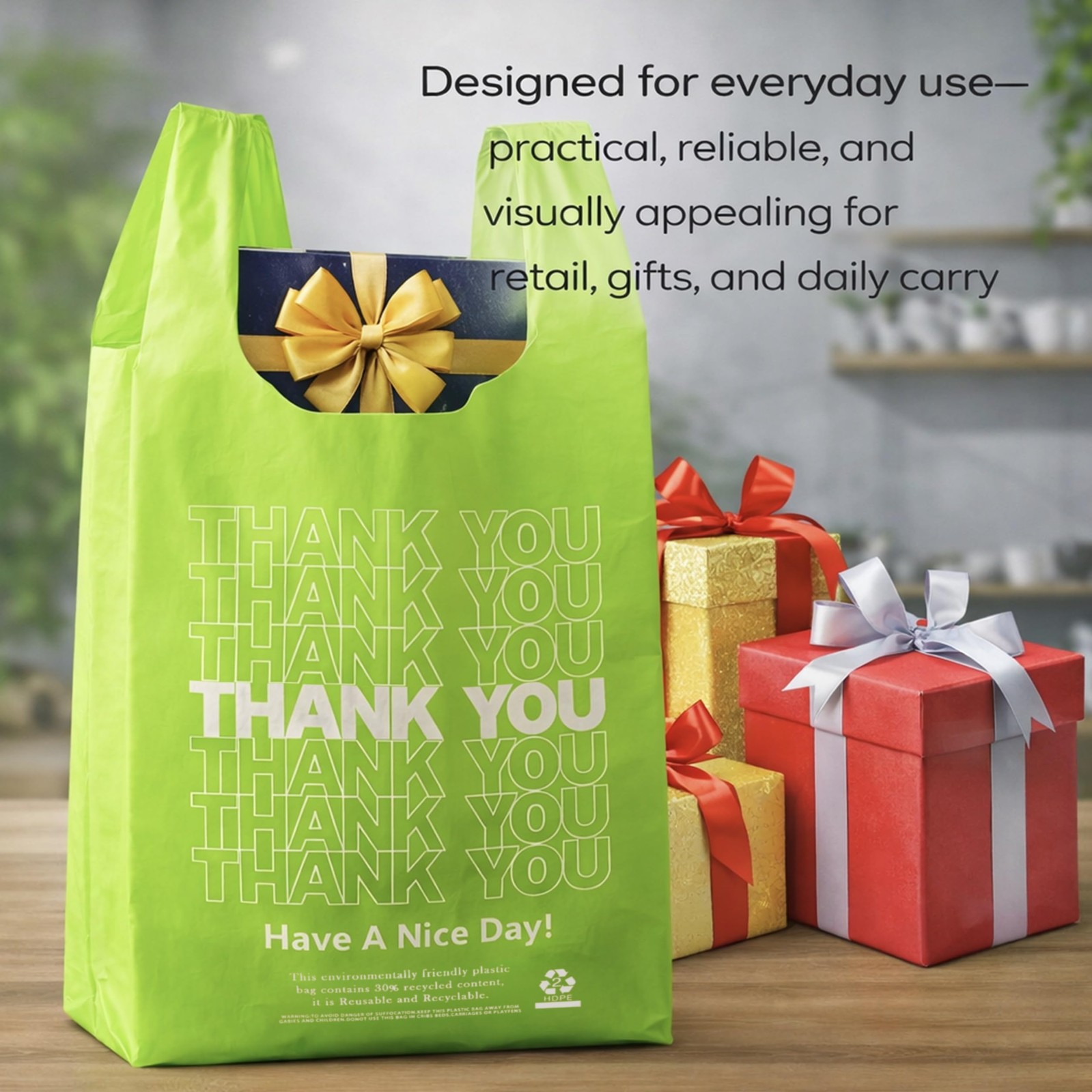 YoYoRain 100 Pack “Thank You” T-Shirt Bags – Green Plastic Large,
