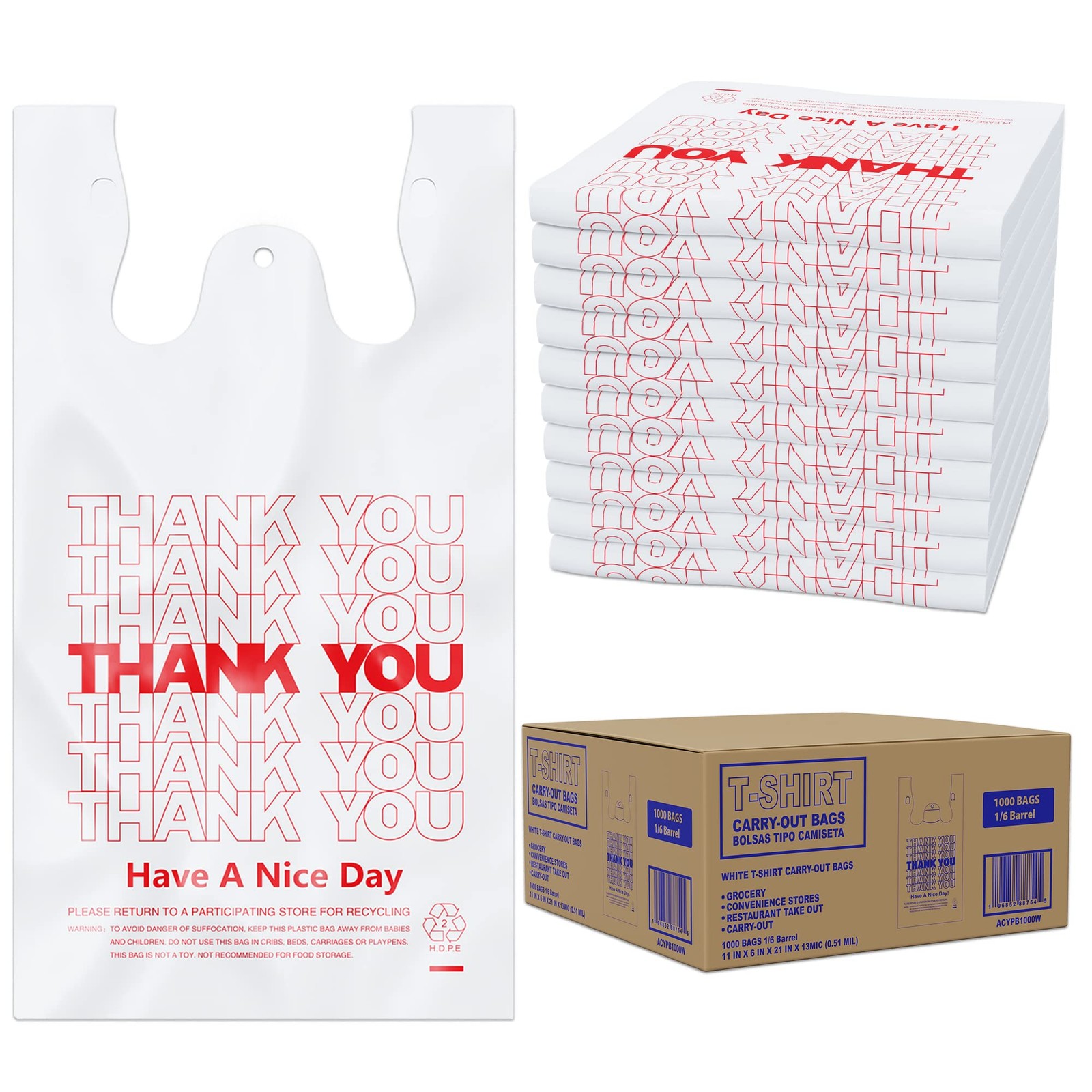 Thank You T-Shirt Bags 1000 Count 11″ x 6″ x 21″ White Plastic Bags