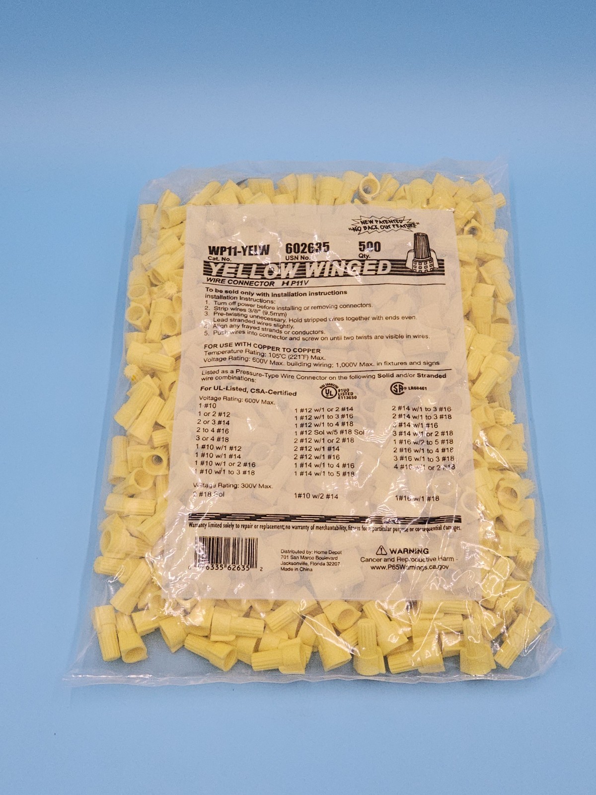 500pcs Yellow Winged Twist Cable Wire Nuts Connector AWG 16-10 Gauge UL Listed