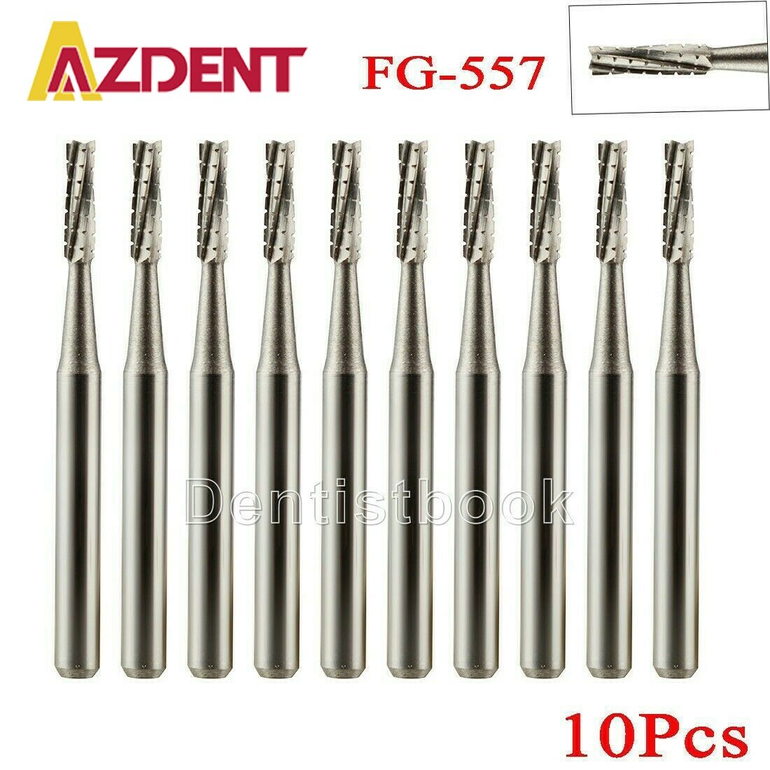 10Pcs AZDENT Dental Carbide Burs FG557Cross Cut Cylinder Fissure for Handpiece