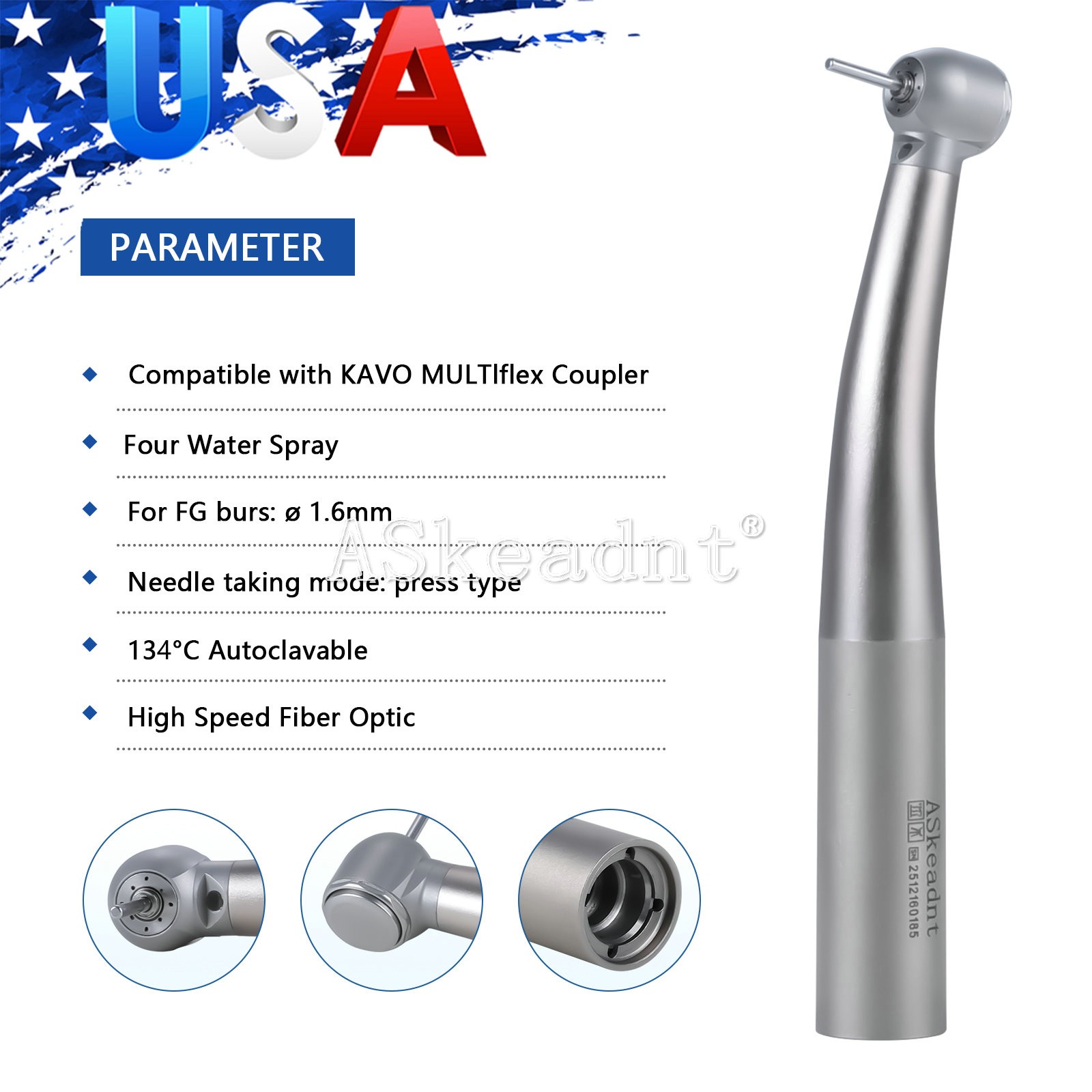 Dental High Speed Fiber Optic LED Handpiece Four Spray fit KV MULTIflex Coupling