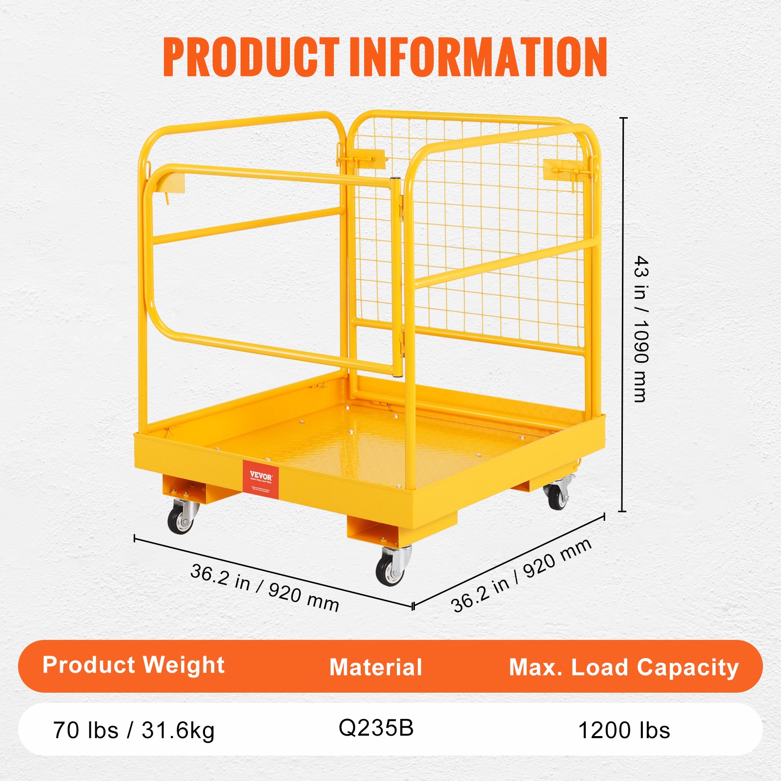 VEVOR Forklift Safety Cage Work Platform 36×36 in 1200lbs with Wheels for Aerial