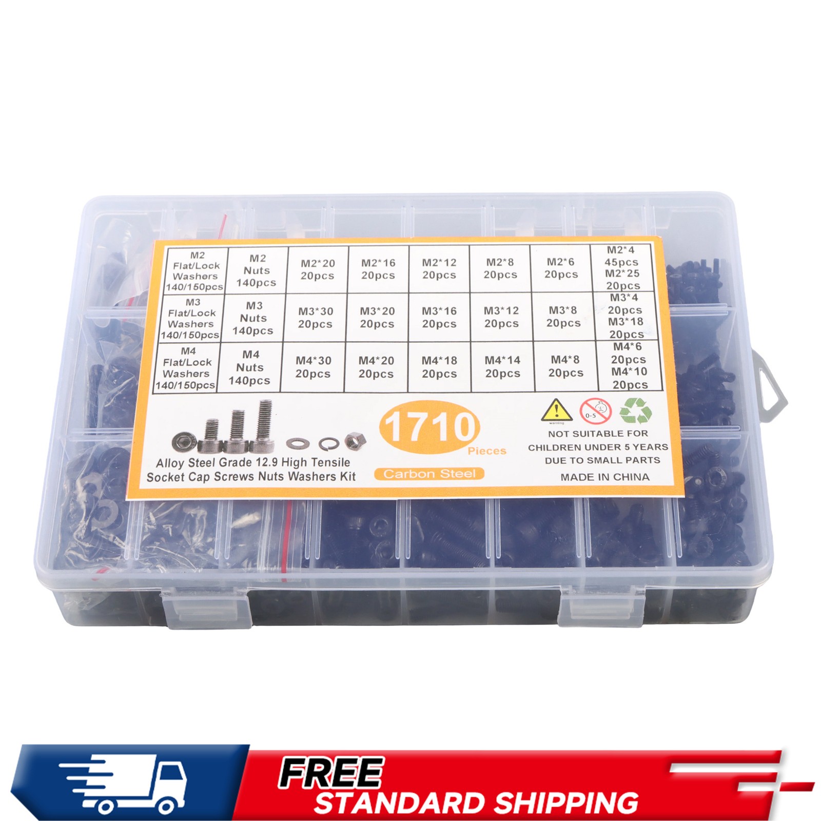Grade12.9 Metric Bolt Assortment 1710pcs M2 M3 M4 M5 Zinc/Black Oxide 4-30mm