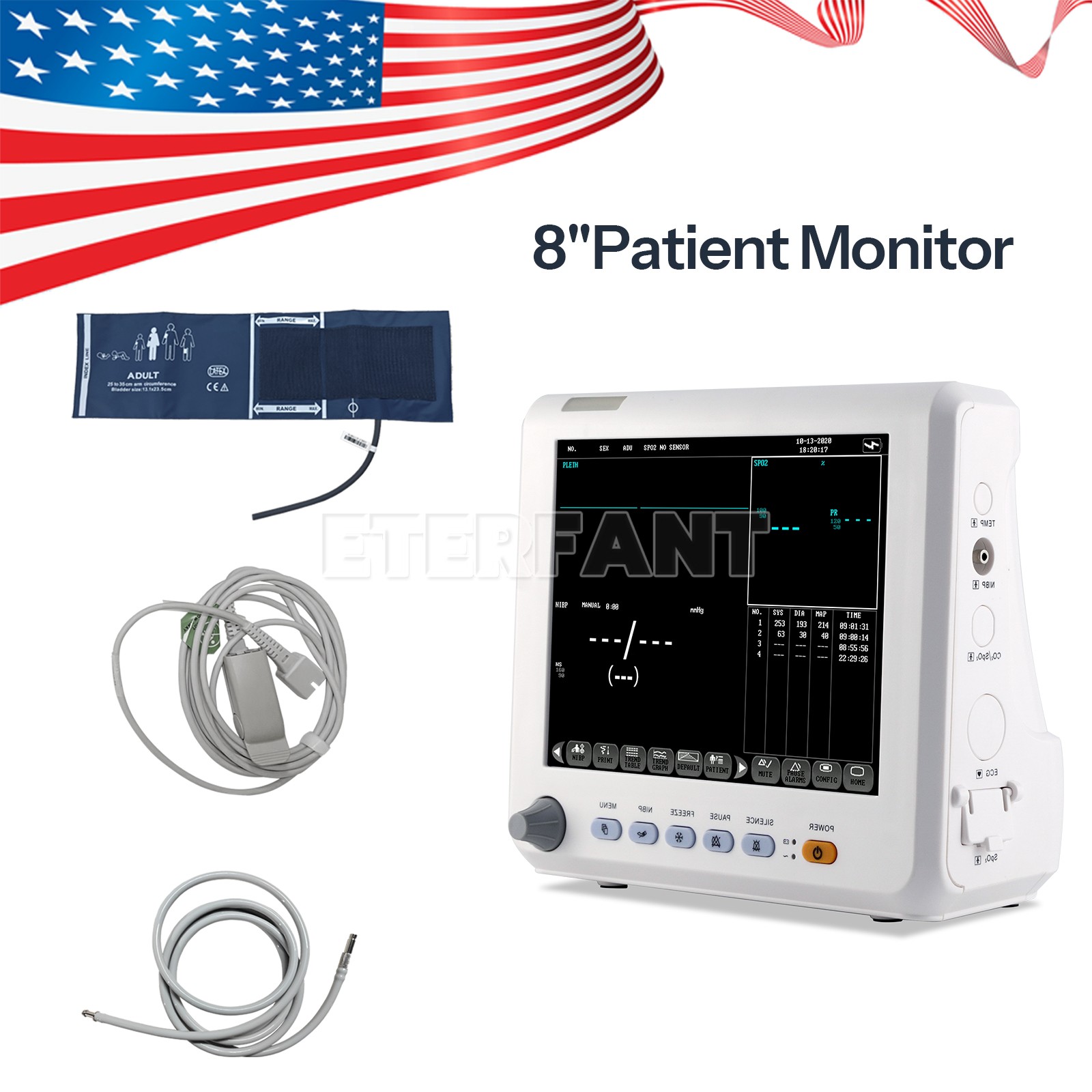 ETERFANT 8″ Patient Monitor ICU CCU Vital Sign For Hospital NIBP, SPO2, PR,TEMP