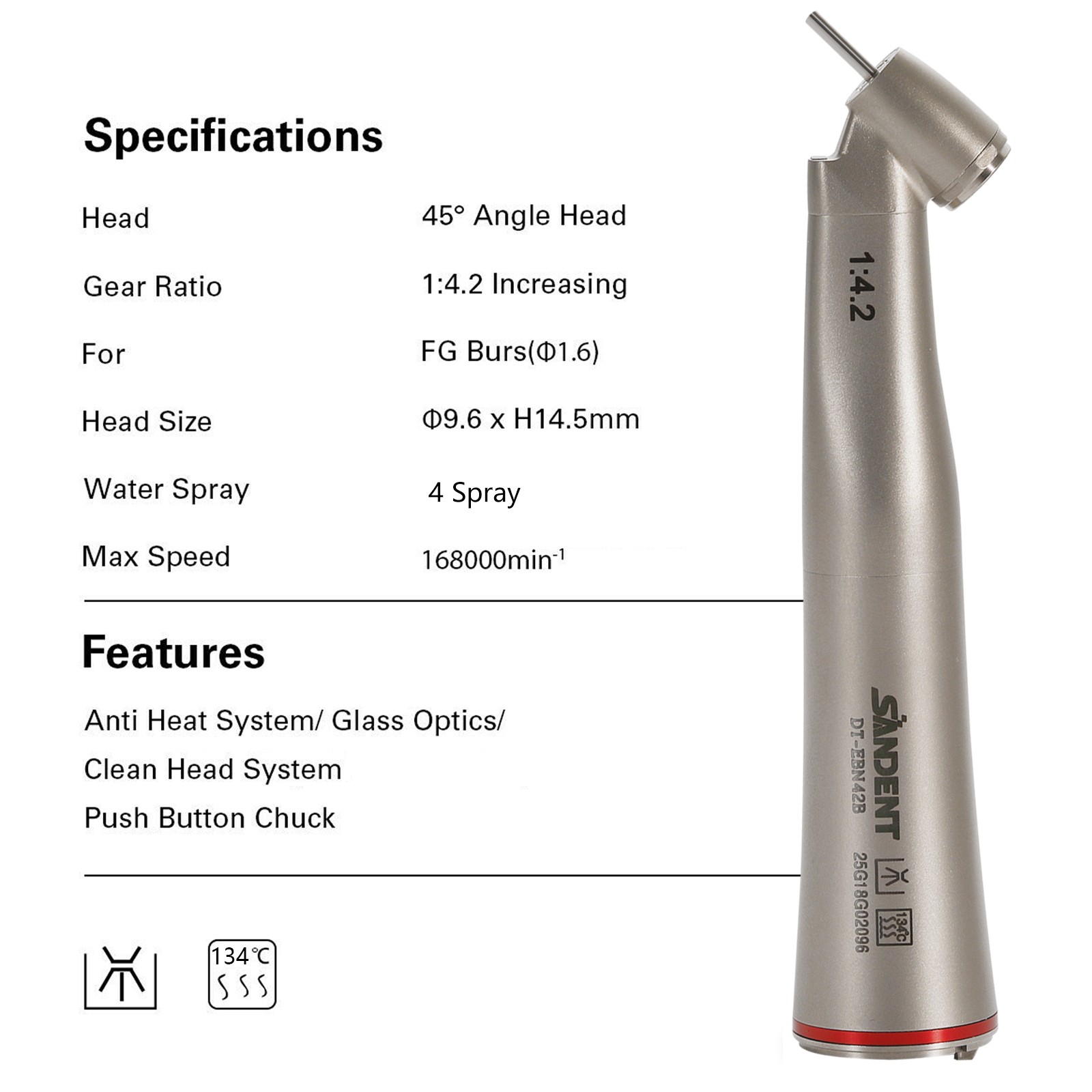 Electric Handpiece Dental 1:4.2 45° Contra Angle Increasing Surgical LED SANDENT