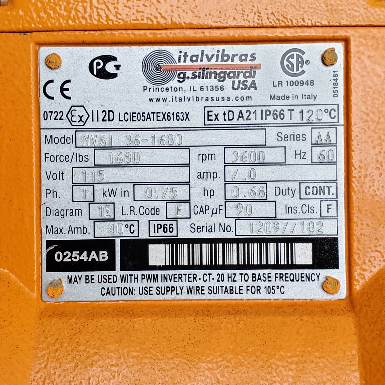 ITALVIBRAS MVSI 36-1680 Single Phase 115VAC Vibrator 1659 lbs 3600 RPM – NEW