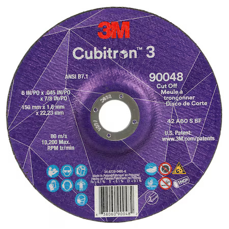 3M Cubitron 90048 Cut-Off Wheel, Type 27, 6 In Dia, 0.045 In Thick, 7/8 In