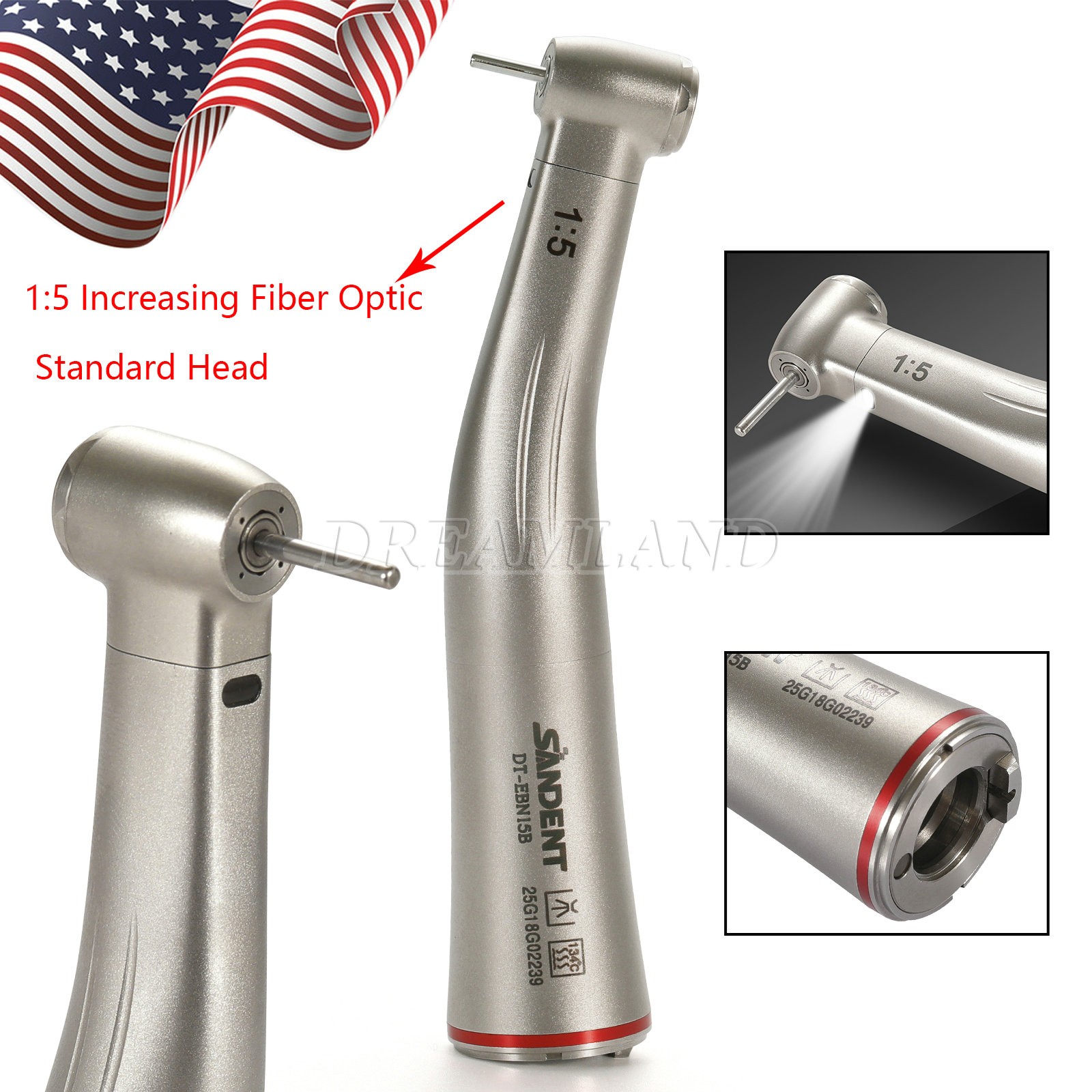 Dental 1:5 Increasing Contra Angle FG1.6mm LED Fiber Optic Handpiece SANDENT USA