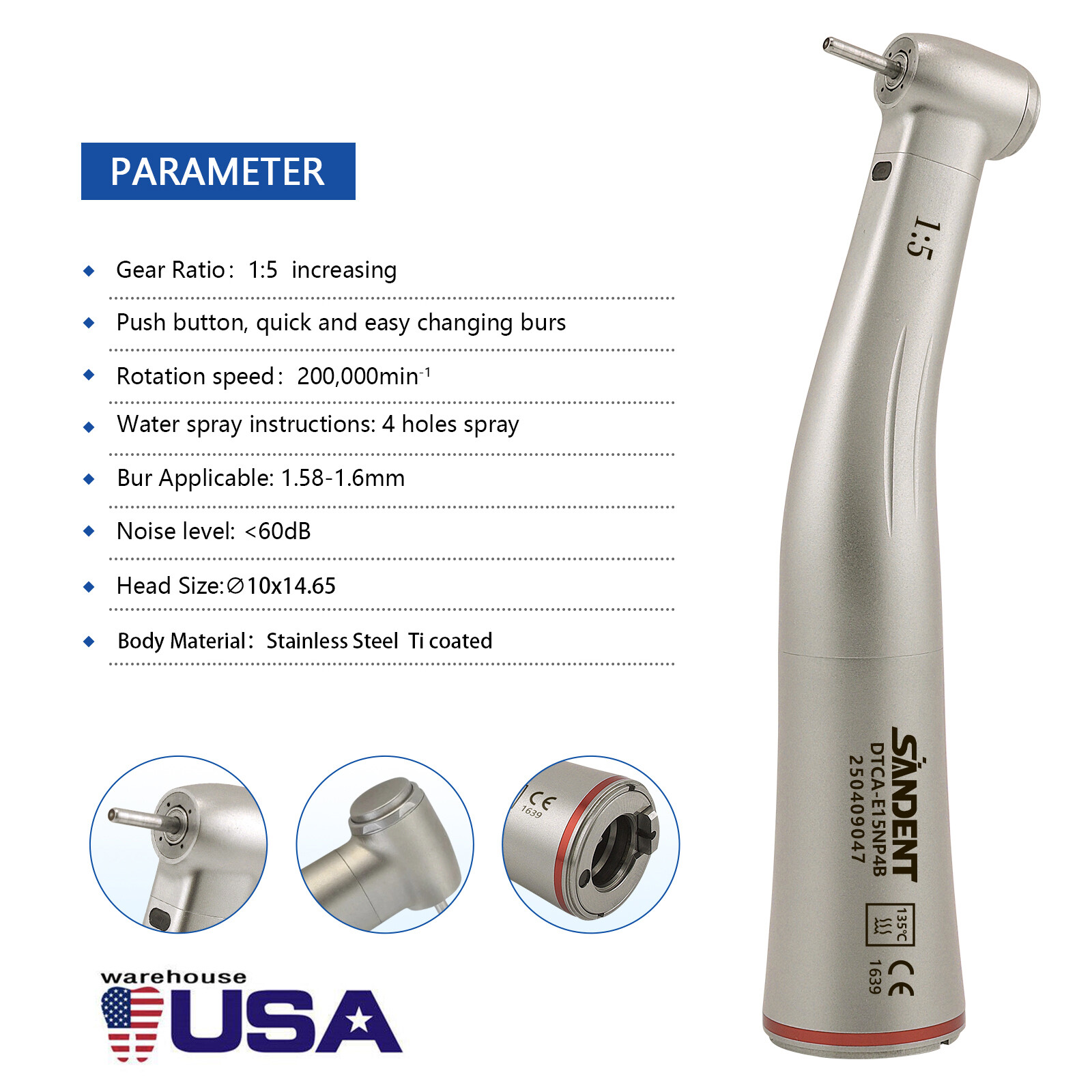 Dental Fiber Optic LED 1:5 Increasing Contra Angle Handpiece Quattro Water Spray