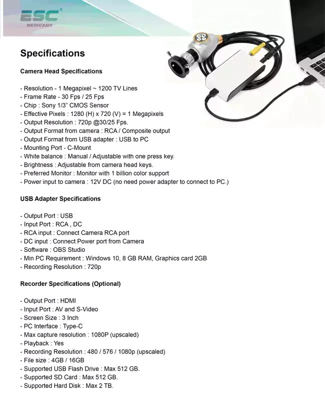 Portable HD Endoscopy Camera with HDMI Medical Recorder for ENT Rigid Endoscope