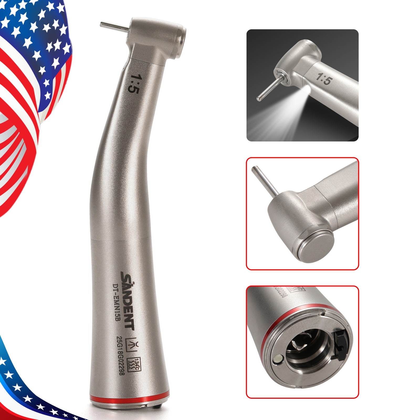 DT Dental 1:5 Mini Head Fiber Optic Contra Angle Handpiece LED Stainless Steel