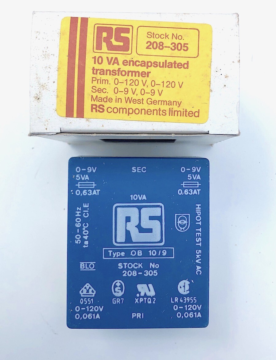 RS 208-305 PCB Mount Low Profile Block Power Transformer Prim. 120V, Sec. 0-9v,
